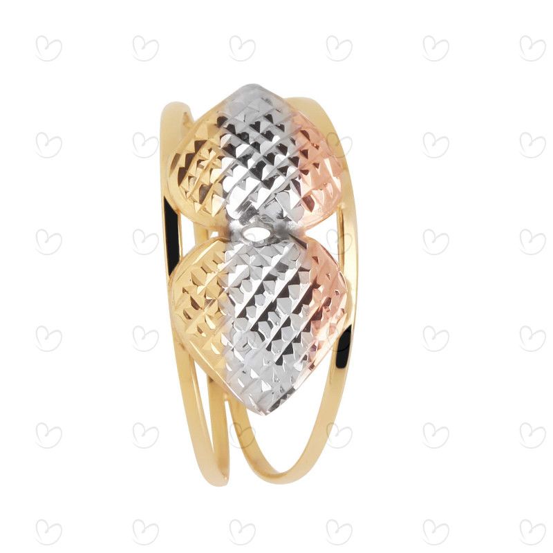 Anel Aro Duplo com Dois Corações Tricolor Diamantado Ouro 18k