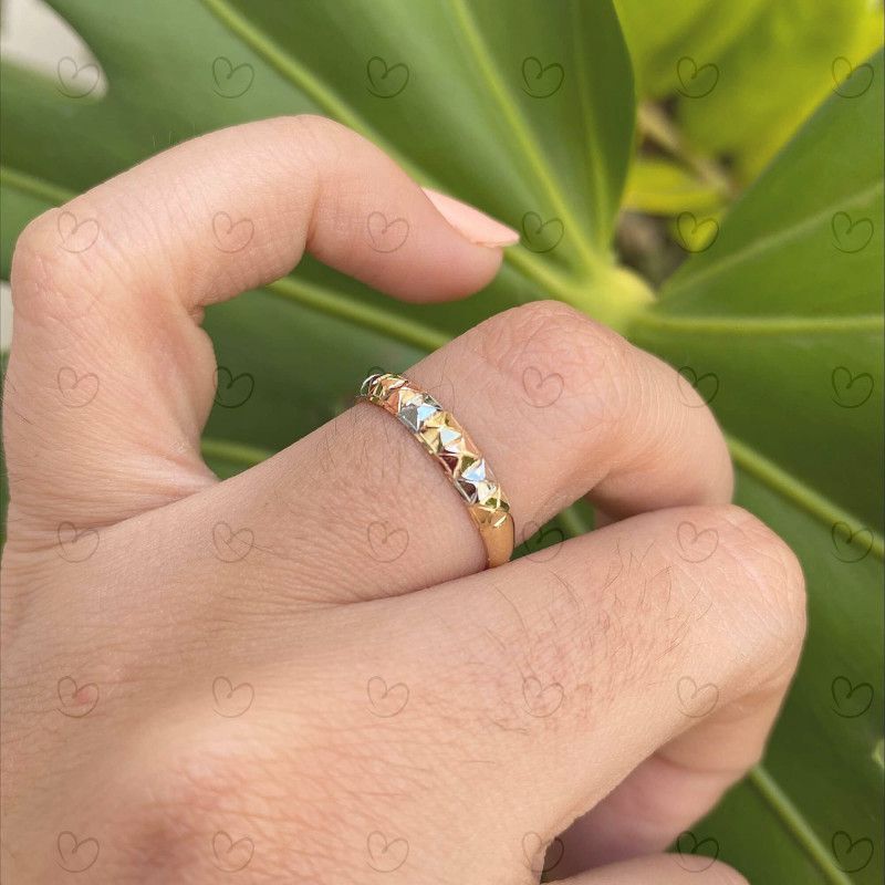 Anel Aparador Quadriculado Tricolor Ouro 18k