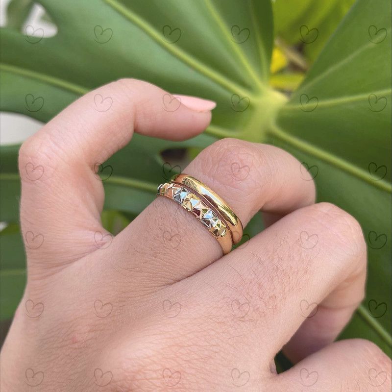 Anel Aparador Quadriculado Tricolor Ouro 18k