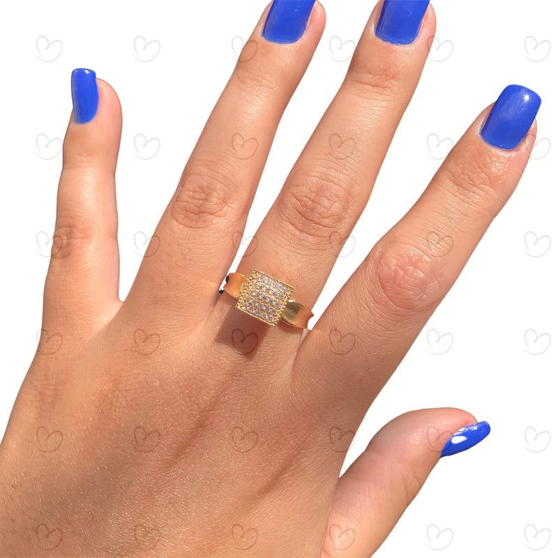 Anel Chuveiro Quadrado com Zircônias Ouro 18k