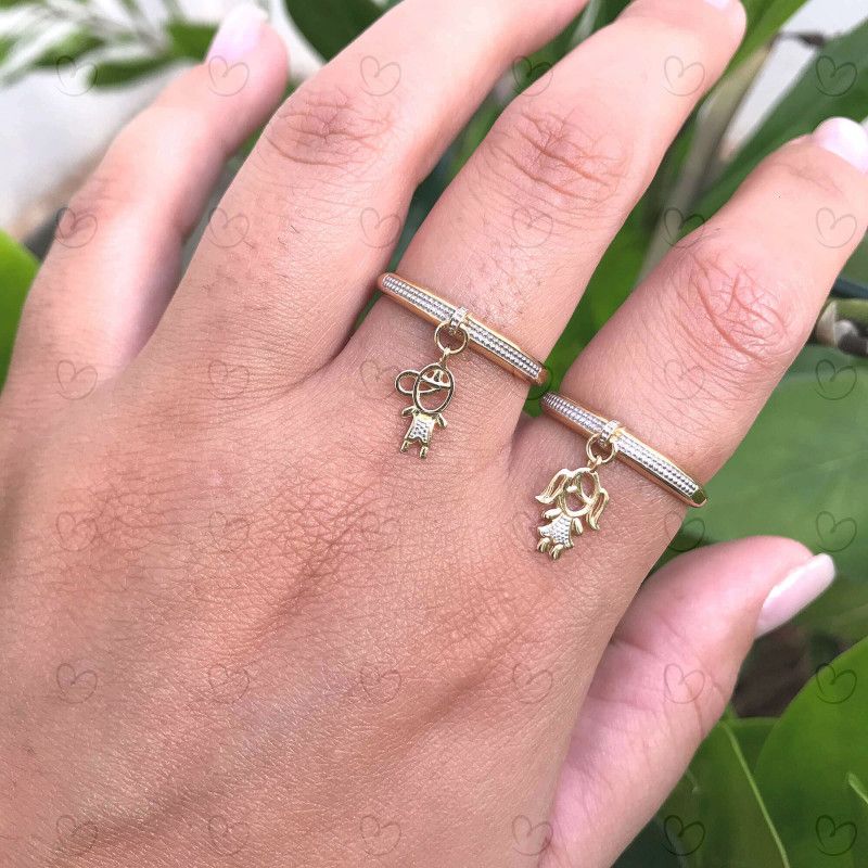 Anel Menina Falsa Pedra com Pingente Ouro 18k