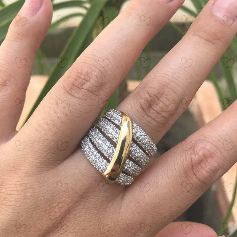 Anel Pavê Quatro Aros com Zircônias Cravejadas Ouro 18k