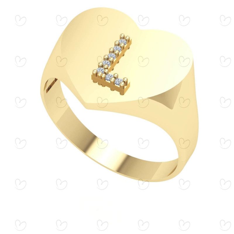 Anel Chancela Coração com Letra Cravejada Grande Ouro 18k