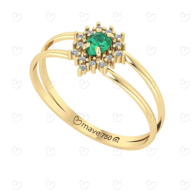 Anel Pedra Gota Aro Duplo Com Esmeralda e Diamantes Ouro 18k
