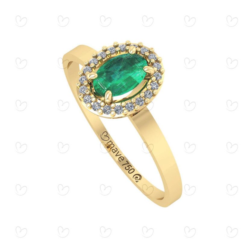 Anel Pedra Oval Com Esmeralda e Diamantes Ouro 18k