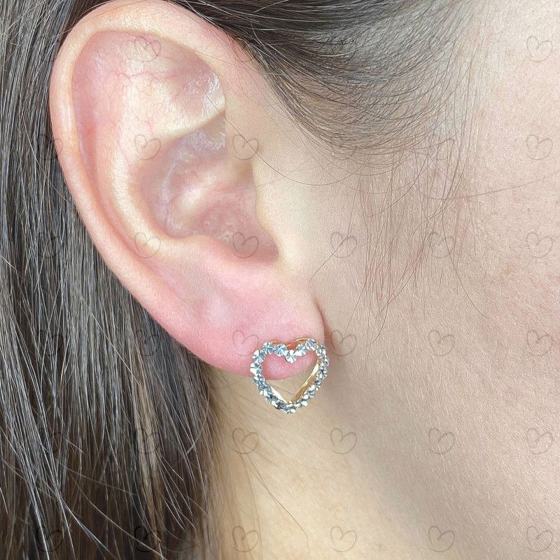 Brinco Coração Duplo Diamantado Ouro 18k