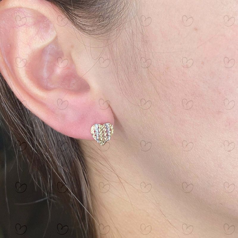 Brinco Coração Tricolor Filetes Diamantados Ouro 18k