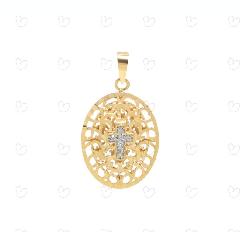 Pingente Oval Bordada com Cruz de Diamantes Ouro 18k