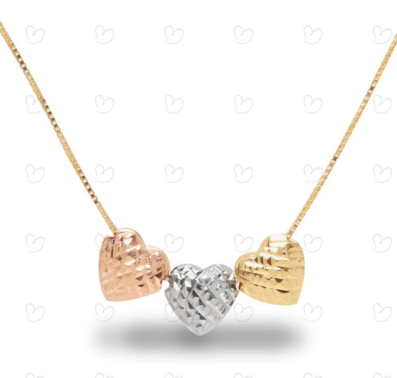Gargantilha Três Corações Tricolor com Quadrados Ouro 18k