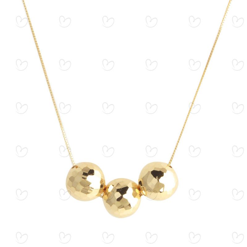 Gargantilha Três Bolas 9mm Diamantada 45cm Com Ajuste em 40cm Ouro 18k