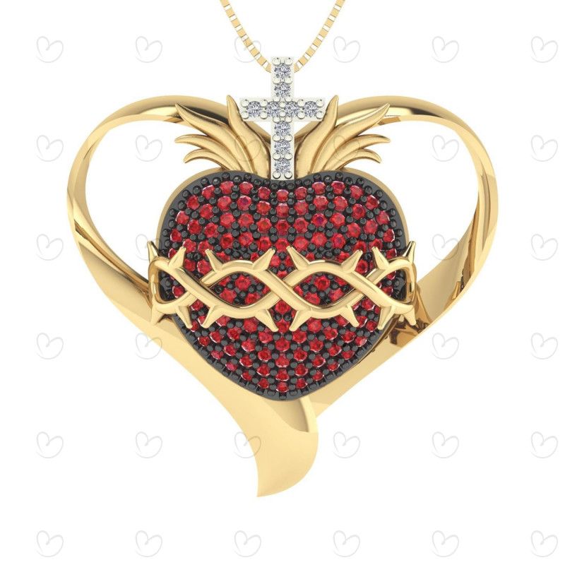 Pingente Sagrado Coração de Jesus com Coração Dourado Grande Ouro 18k
