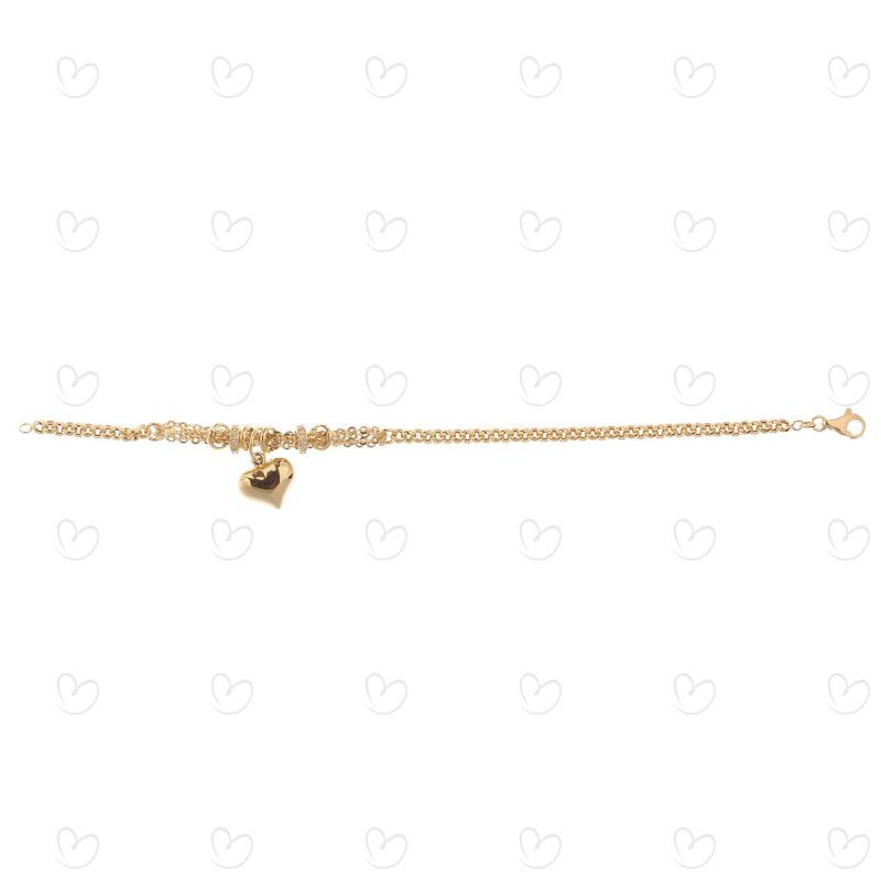 Pulseira Mix de Malha Portuguesa e Bailarina com coração e zircônias Ouro 18k