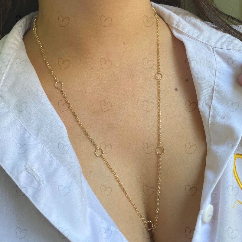 Corrente Portuguesa com Argolas Diamantadas 60cm Ouro 18k