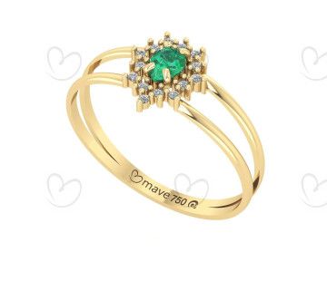 Anel Pedra Gota Aro Duplo Com Esmeralda e Diamantes Ouro 18k
