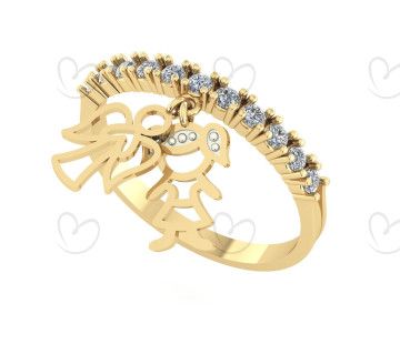 Anel Pingentes Menina e Anjinho com Aro Cravejado Ouro 18k