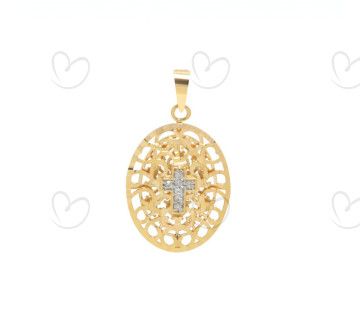 Pingente Oval Bordada com Cruz de Diamantes Ouro 18k