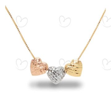 Gargantilha Três Corações Tricolor com Quadrados Ouro 18k