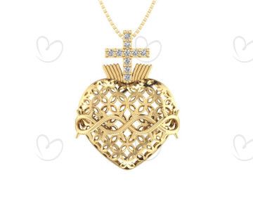Pingente Sagrado Coração de Jesus Bordado com Pedras de Zircônia Grande Ouro 18k