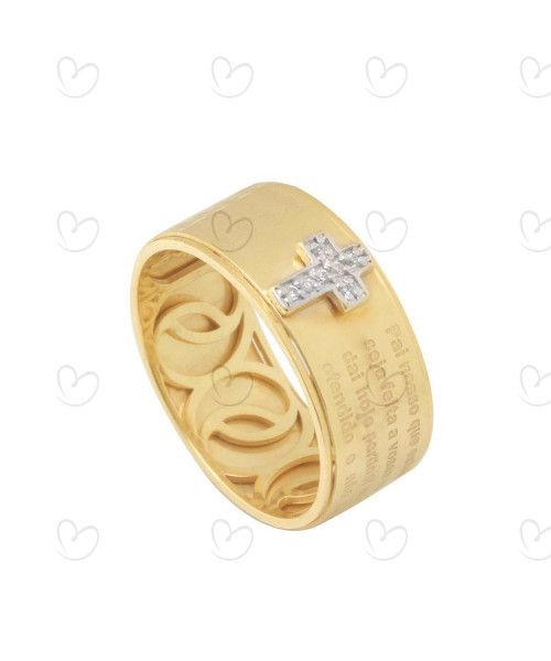 Aliança Anel Pai Nosso Forrado com Diamantes Ouro 18k