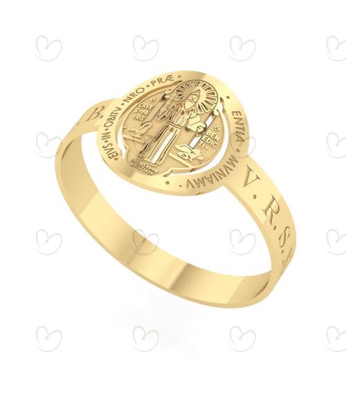 Anel São Bento Detalhe Letras Laser Ouro 18k