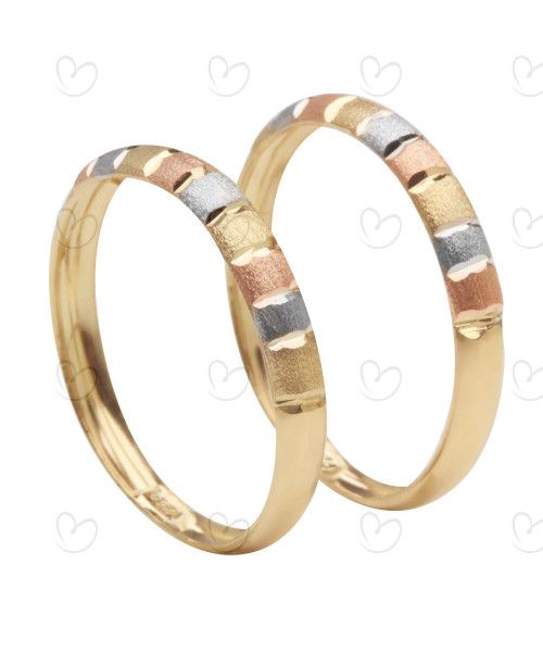 Anel Par Aparador Tricolor Diamantado Quadrados Ouro 18k
