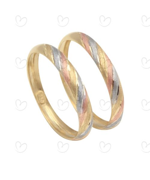 Anel Par de Aparador Tricolor Diamantado Diagonal Ouro 18k
