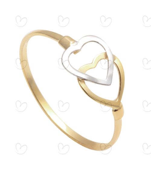 Anel Dois Corações Bicolor Diamantado Ouro 18k