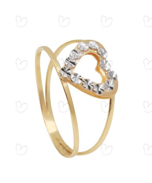 Anel Aro Duplo Coração Bicolor Diamantado Ouro 18k