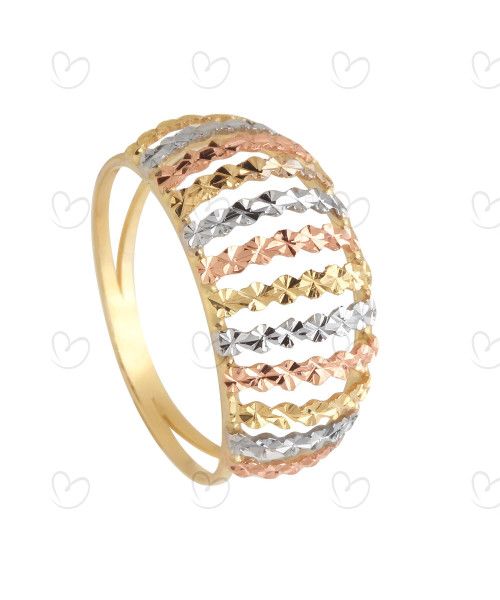 Anel Aro Duplo Tricolor Diamantado Ouro 18k