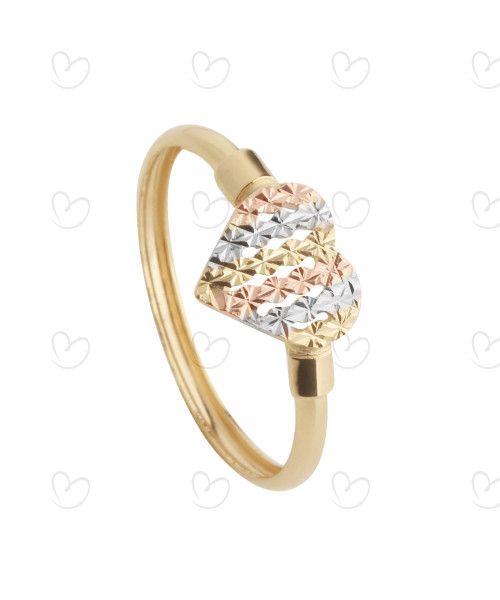 Anel Coração Tricolor Diamantado Vazado Ouro 18k