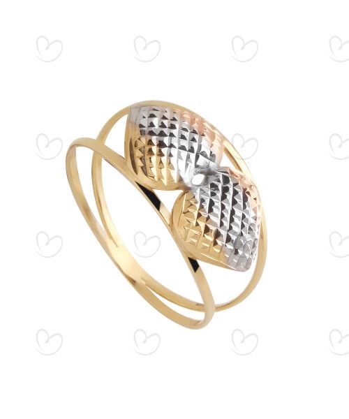 Anel Aro Duplo com Dois Corações Tricolor Diamantado Ouro 18k