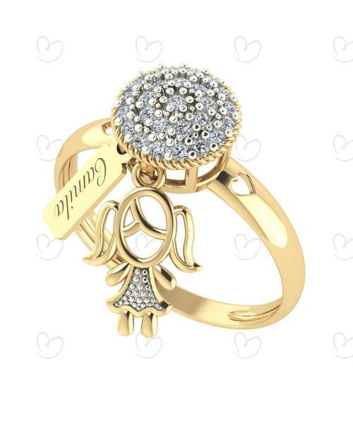 Anel Menina com Pingente, Plaquinha e Pedras Ouro 18k