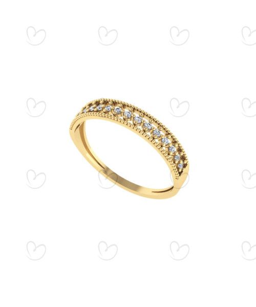 Anel Meia Aliança com Bolinha e Quinze Pedras de Zircônia Ouro 18k