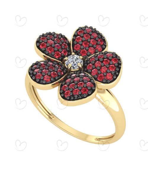 Anel Flor com Zircônias Vermelhas e Ródio Negro Ouro 18k