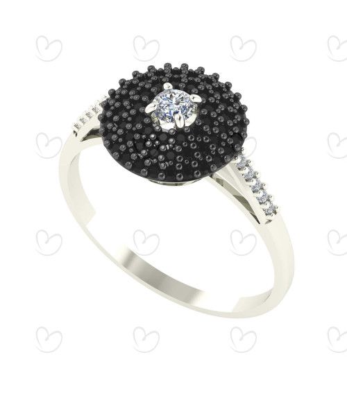 Anel Solitário Pavê Branco e Preto 3mm Ouro Branco 18k