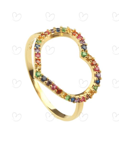 Anel Coração Grande Rainbow Colorido Ouro 18k