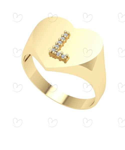 Anel Chancela Coração com Letra Cravejada Grande Ouro 18k