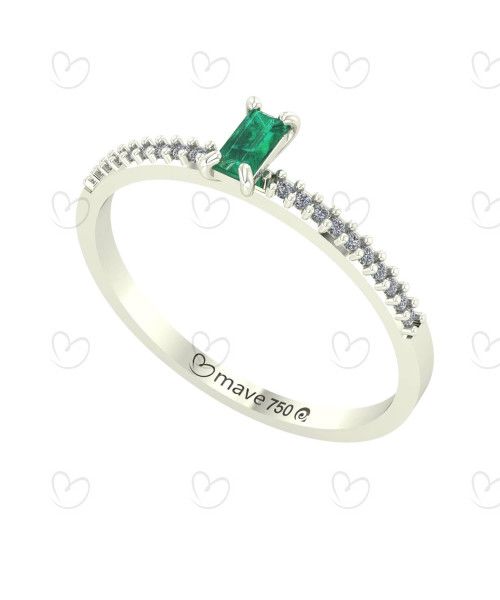 Anel Fileira de Pedras e Baguete Esmeralda e Diamantes Ouro Branco 18k