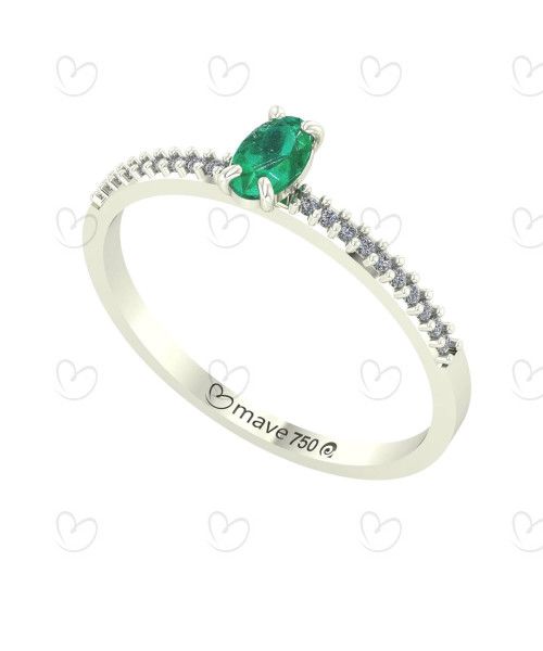 Anel Aro Fileira De Pedras Com Esmeralda e Diamantes Ouro Branco 18k