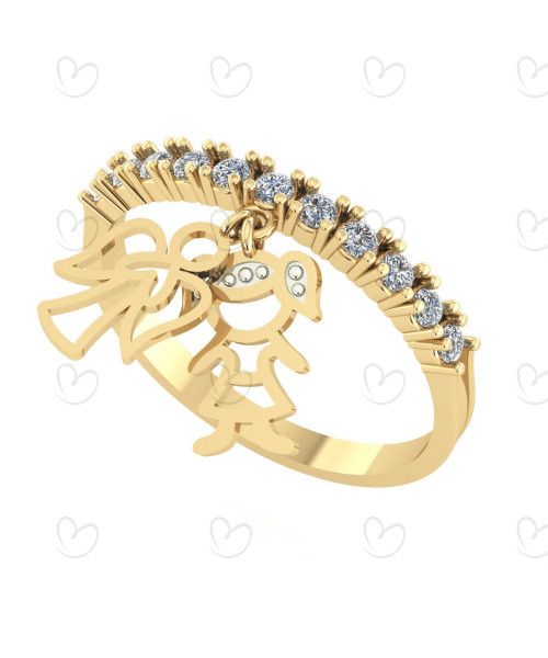 Anel Pingentes Menina e Anjinho com Aro Cravejado Ouro 18k