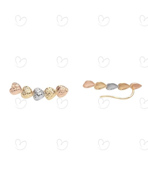 Brinco Ear Cuff Cinco Corações Tricolor Diamantado Ouro 18k