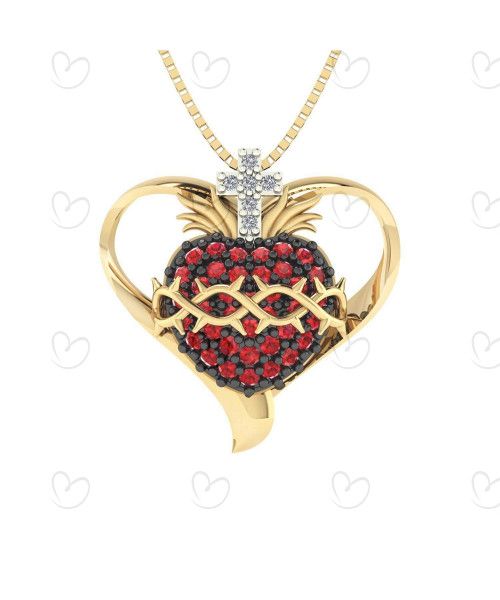 Pingente Sagrado Coração de Jesus com Coração Dourado Médio Ouro 18k