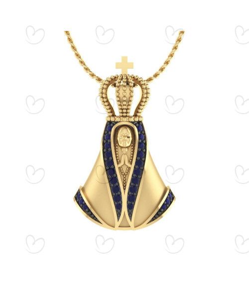 Pingente Nossa Senhora Aparecida Lisa com Pedras Ouro 18k