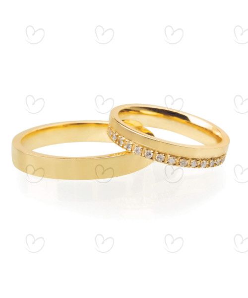 Par de Alianças Quadrada Lisa e Com Diamantes Ouro 18k