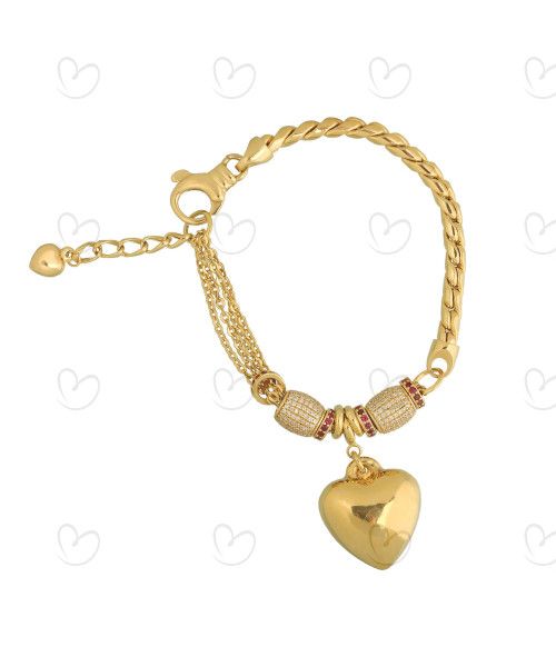 Pulseira Trigo com Bailarina e Pingentes de Coração e Separador Ouro 18k