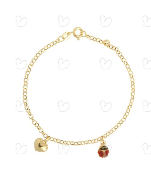 Pulseira Infantil Portuguesa Coração e Joaninha Ouro 18k
