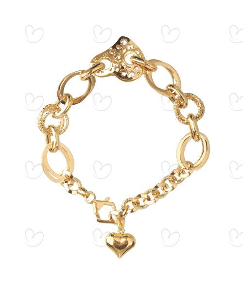 Pulseira Conjunto de Elos com Coração Ouro 18k